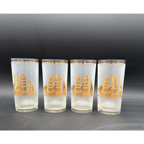 Vintage Culver Gold Clipper Ships Frosted Highball Glass Set of 4 - Picture 1 of 8